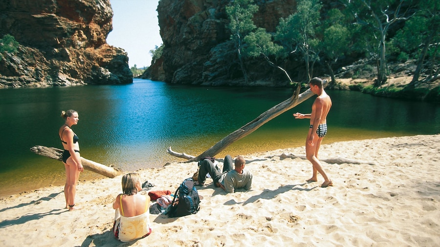 Ellery Creek Big Hole which includes a sandy beach and general coastal views as well as a small group of people