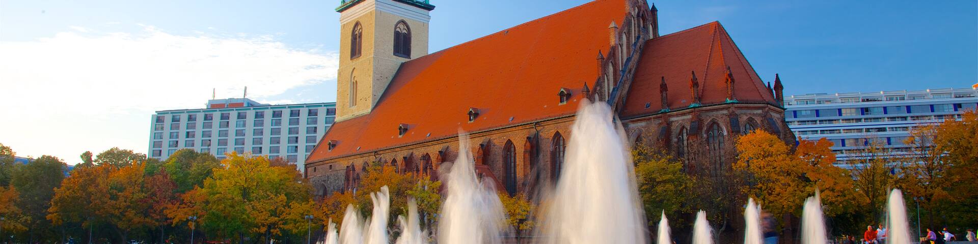 Marienkirche showing a fountain, a square or plaza and heritage architecture