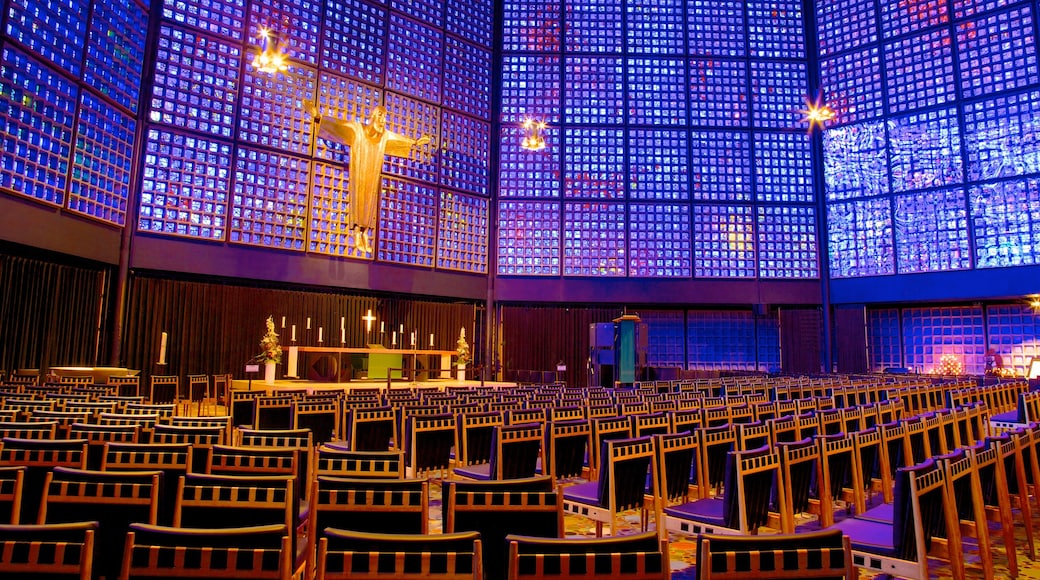 Kaiser Wilhelm Memorial Church which includes a church or cathedral, religious elements and interior views