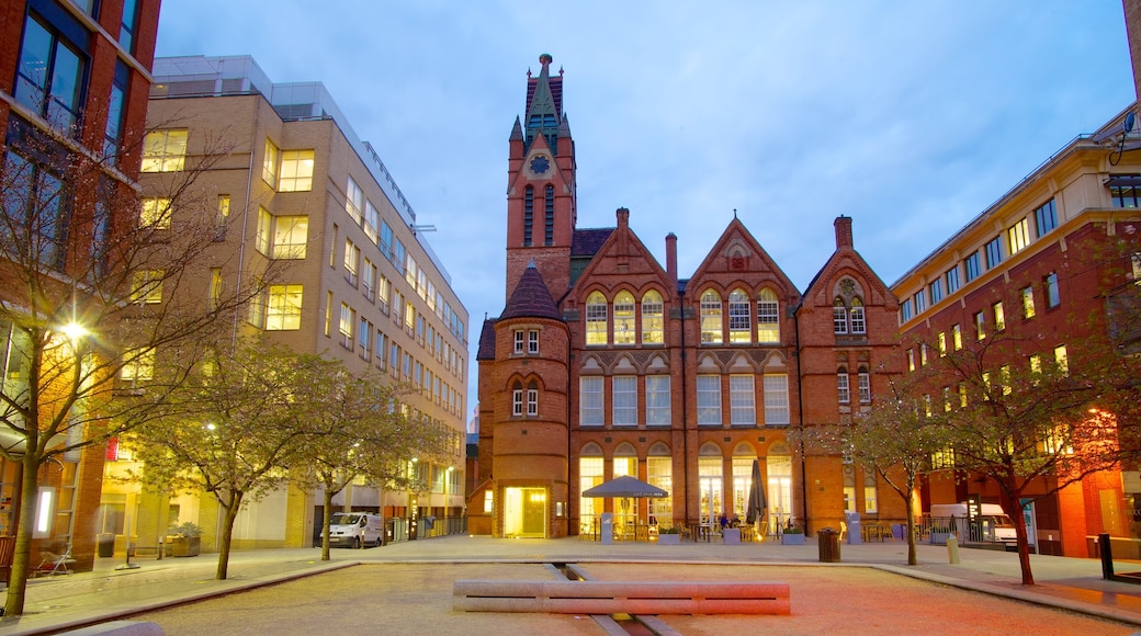 Ikon Gallery which includes a square or plaza, night scenes and a city