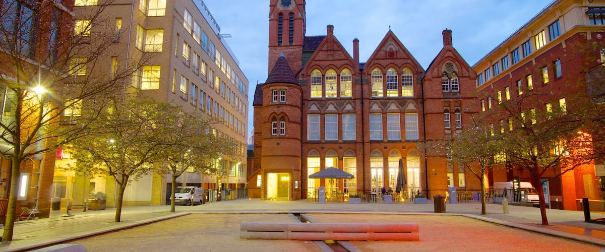 Ikon Gallery which includes a square or plaza, night scenes and a city