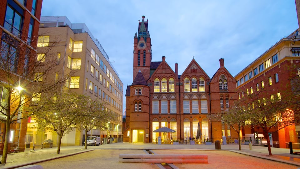 Ikon Gallery que incluye una ciudad, escenas nocturnas y un parque o plaza