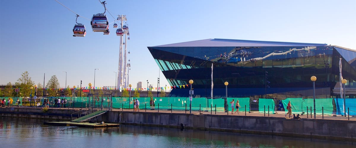 O2 Arena showing modern architecture, a river or creek and a gondola