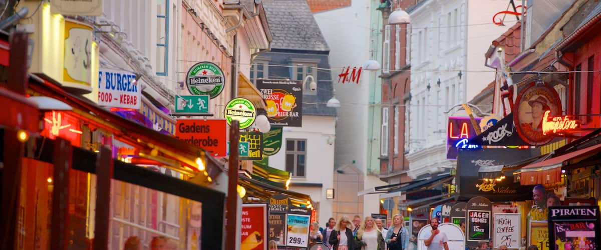 Calle Jomfru Ane Gade mostrando una ciudad, compras y señalización