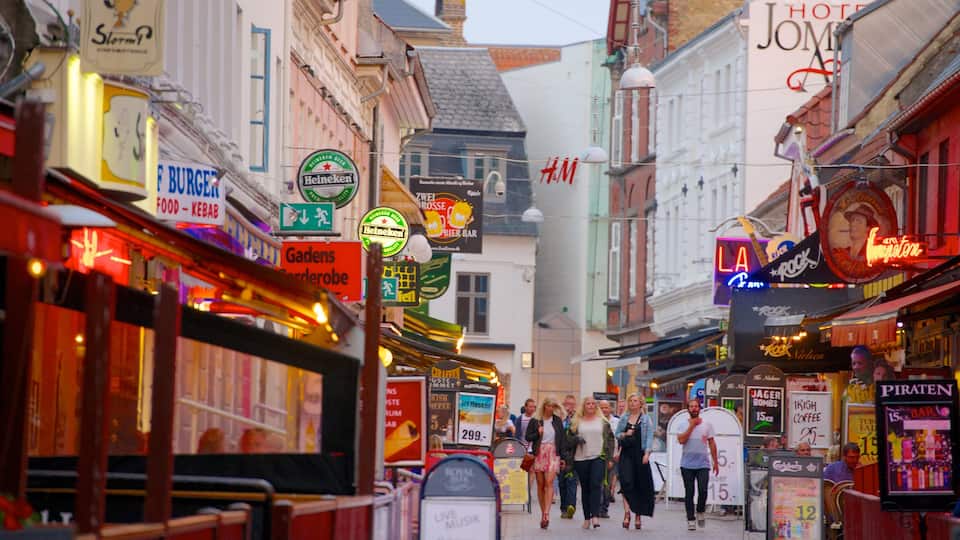 Calle Jomfru Ane Gade que incluye una ciudad, shopping y señalización