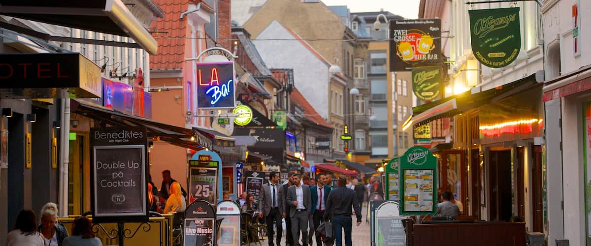 Calle Jomfru Ane Gade mostrando señalización, comer al aire libre y una ciudad