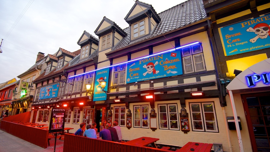 Jomfru Ane Gade which includes a bar, heritage architecture and a city