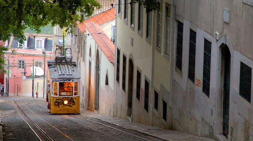 Chiado showing railway items and a city