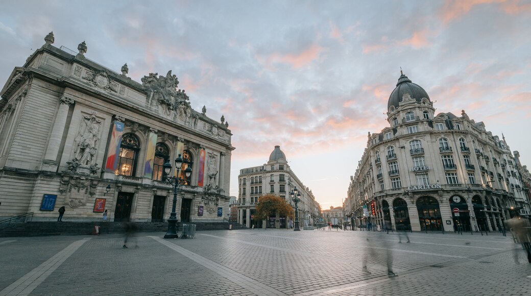 Opera House featuring a square or plaza, a sunset and heritage architecture