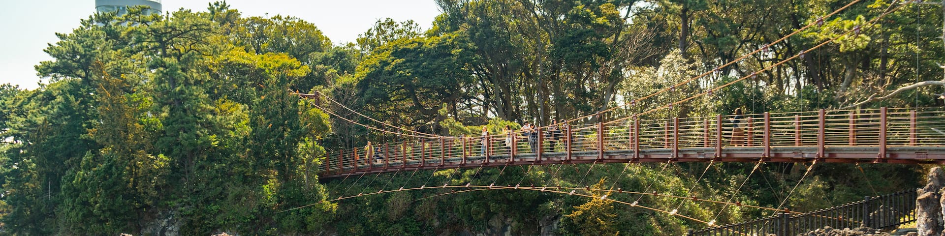 Jogasaki Suspension Bridge which includes rugged coastline and a bridge as well as a couple