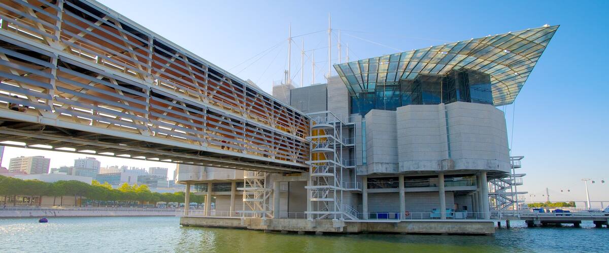 Océanarium de Lisbonne mettant en vedette vie marine, architecture moderne et baie ou port