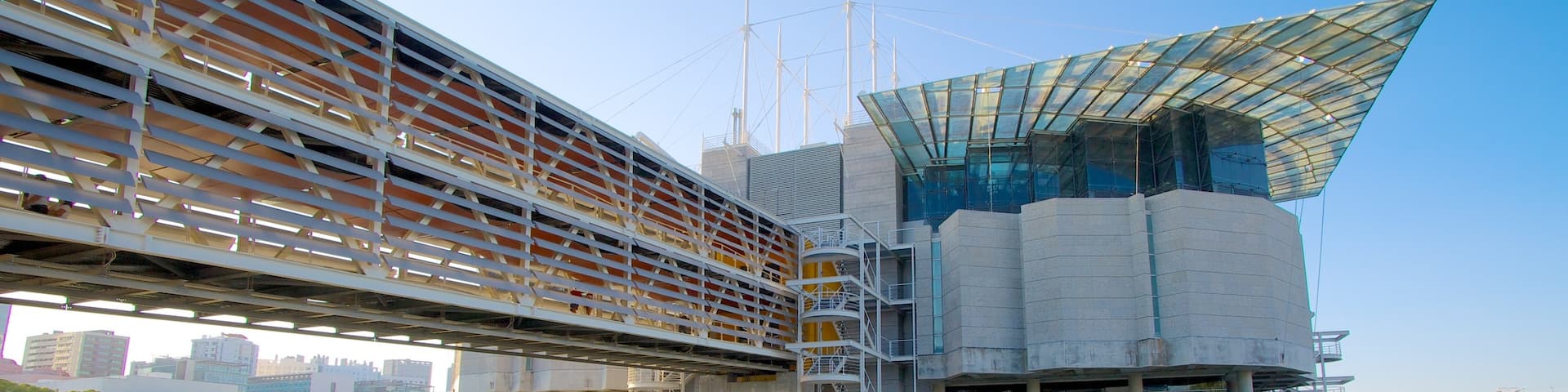 Lisbon Oceanarium which includes marine life, a bay or harbor and modern architecture