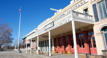 Old Sacramento som visar skyltar och historisk arkitektur