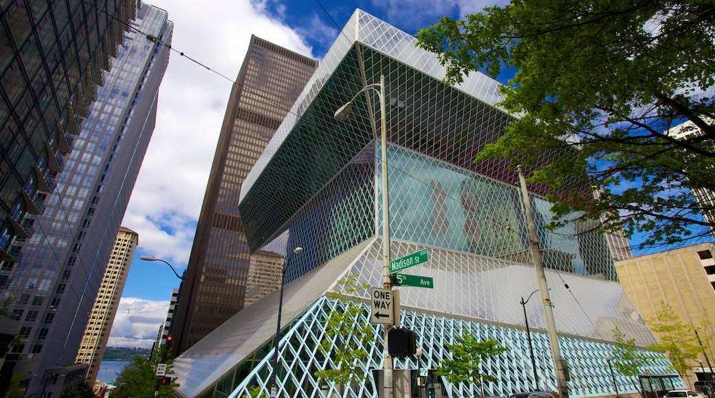 Seattle Public Library featuring a city, modern architecture and central business district