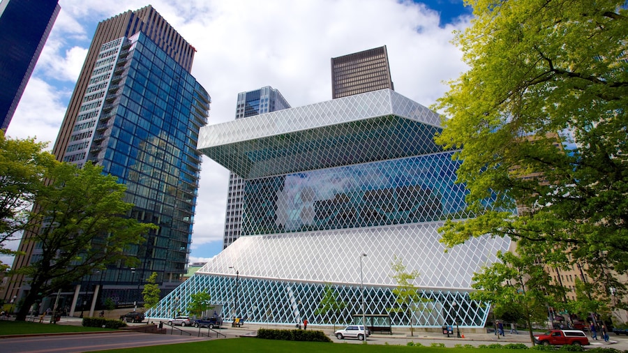 Seattle Public Library que incluye una ciudad, un rascacielos y zona de negocios