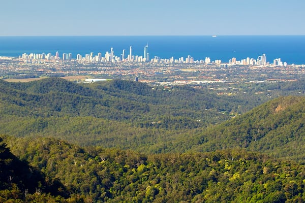 Springbrook National Park featuring mountains, a coastal town and skyline