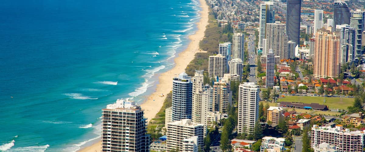 SkyPoint Observation Deck showing general coastal views, a sandy beach and a coastal town