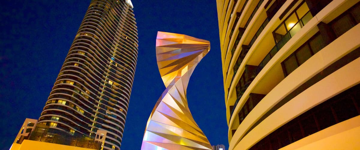 Broadbeach which includes a high rise building, central business district and modern architecture