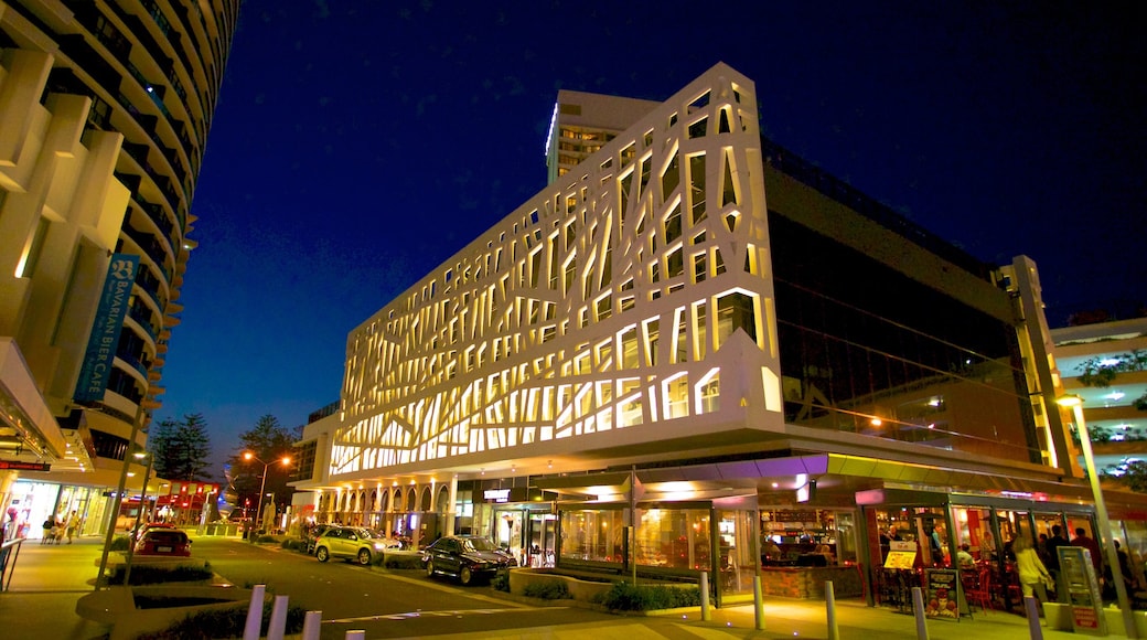 Broadbeach which includes night scenes, modern architecture and a city