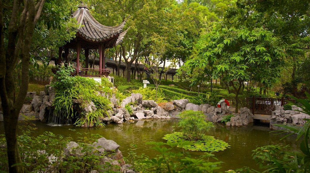 Kowloon Walled City Park which includes a garden and a pond