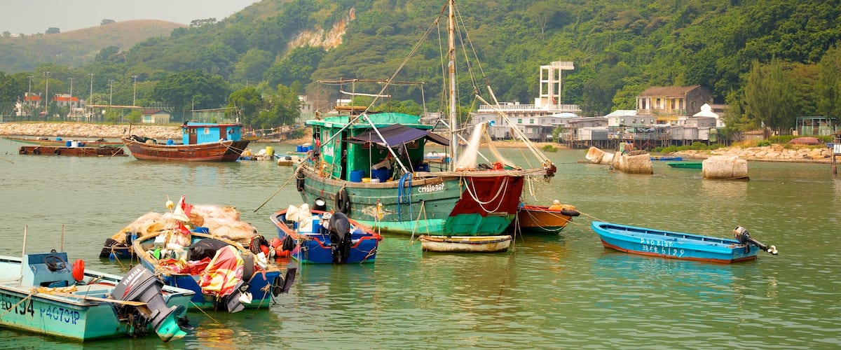 Tai O Fishing Village featuring a bay or harbour, boating and mountains