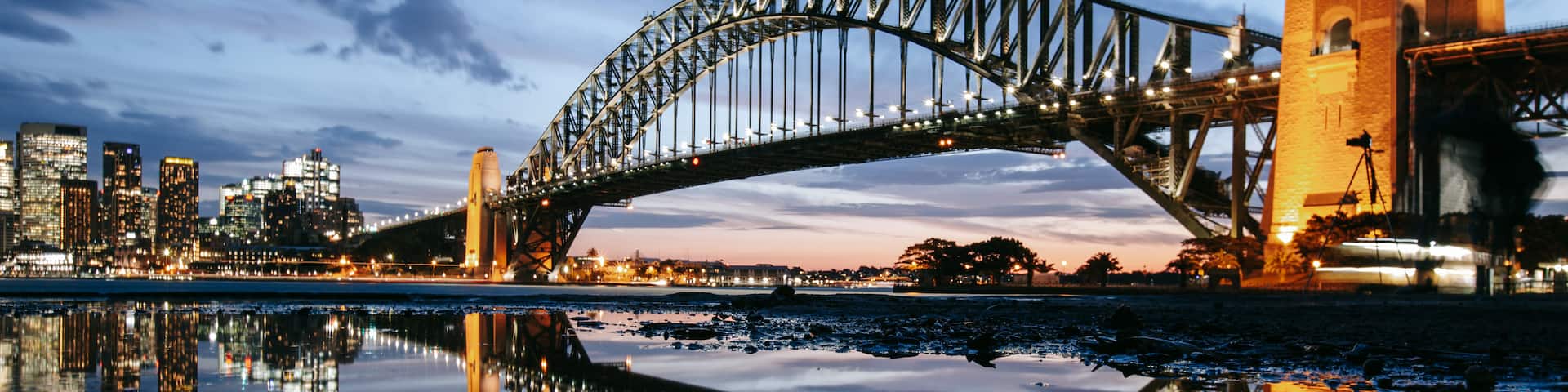 Sydney Harbour Bridge showing night scenes, a bridge and a sunset