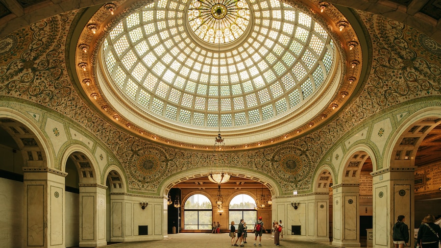 Interior view of the Chicago Cultural Center featuring the Tiffany glass dome.
