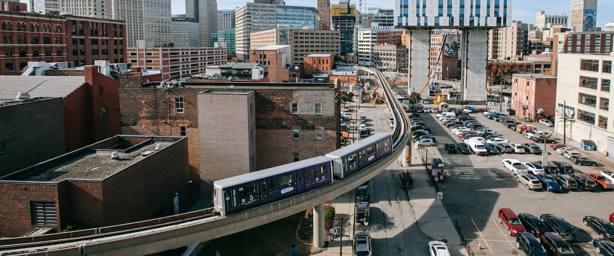 Greektown Historic District showing railway items, a city and landscape views