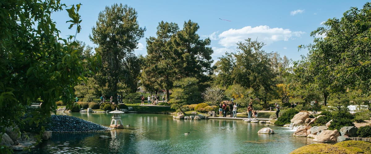 Japanese Friendship Garden of Phoenix featuring a pond