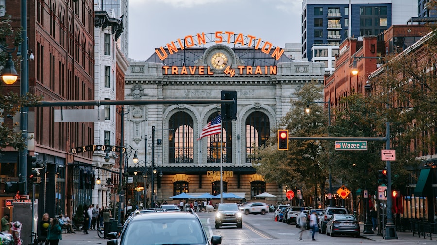 Historic Union Station in Denver, Colorado, featuring its iconic facade and urban surroundings.