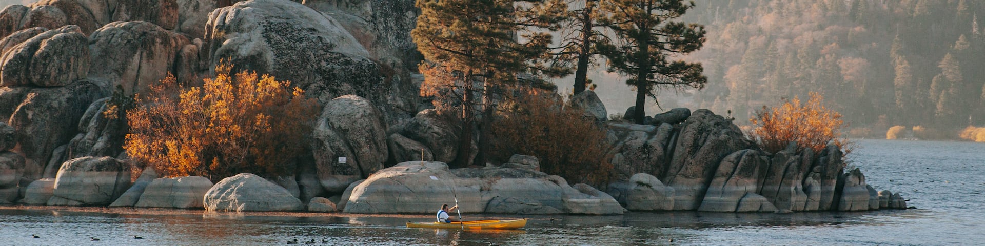Big Bear Lake showing landscape views, forest scenes and kayaking or canoeing