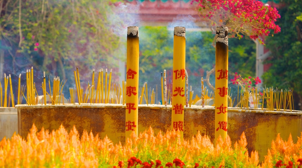 Po Lin Monastery which includes a temple or place of worship, religious elements and flowers