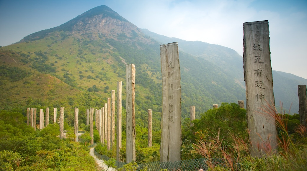 Po Lin Monastery which includes religious aspects, landscape views and mountains