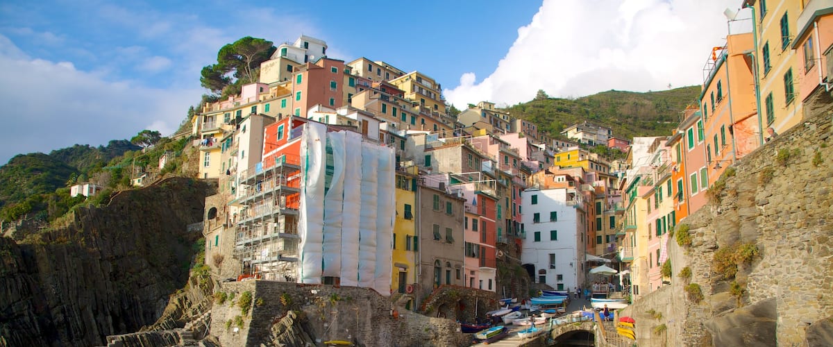 Riomaggiore ofreciendo costa escarpada y una ciudad costera