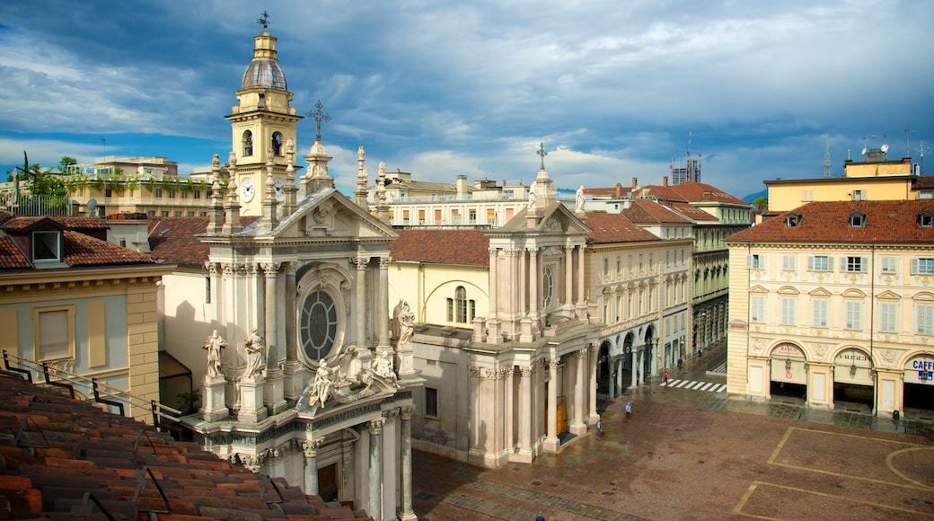 Piazza San Carlo featuring a square or plaza, a church or cathedral and heritage architecture