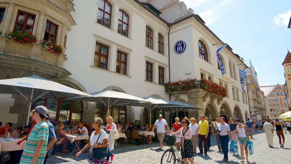 Hofbrauhaus which includes café scenes, street scenes and a city