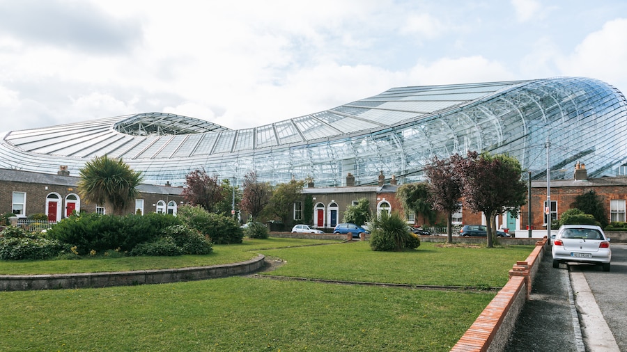 Aviva Stadium which includes modern architecture and a park