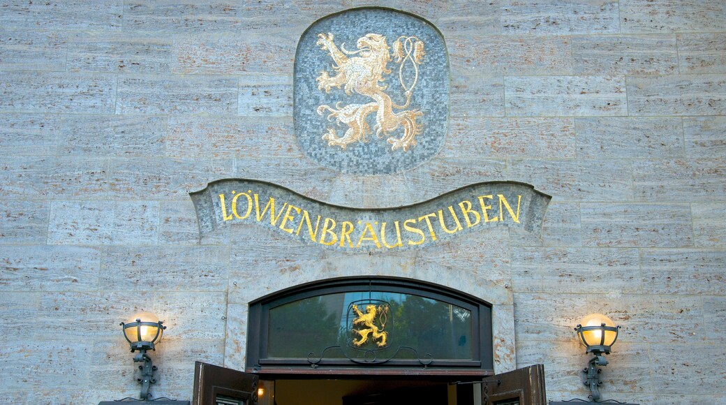 Lowenbrau showing signage, a city and heritage architecture