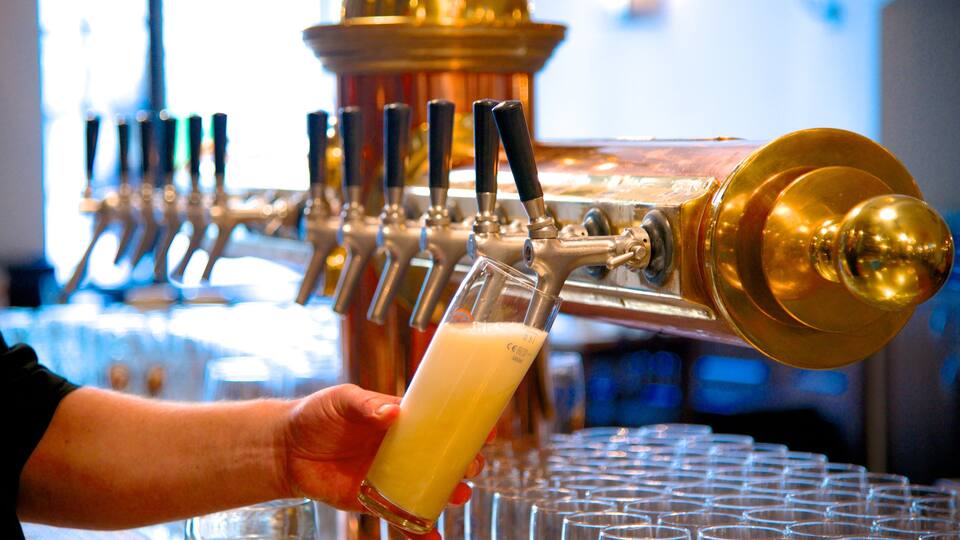 Lowenbrau showing a bar and drinks or beverages