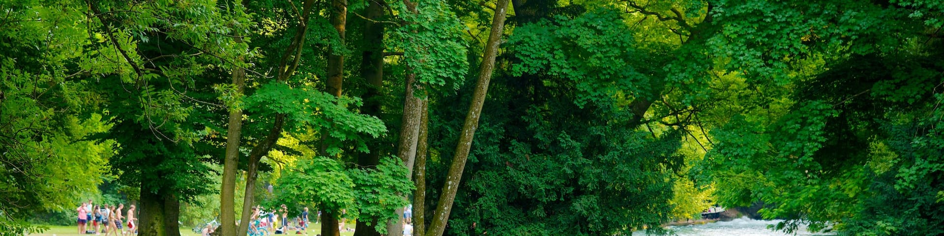 English Garden which includes a park and a river or creek