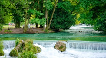 Englischer Garten welches beinhaltet Park und Fluss oder Bach