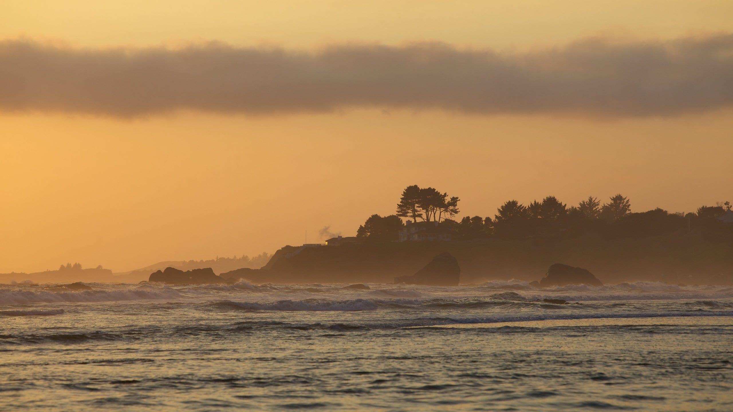 Oregon Coast which includes a sunset, mist or fog and general coastal views