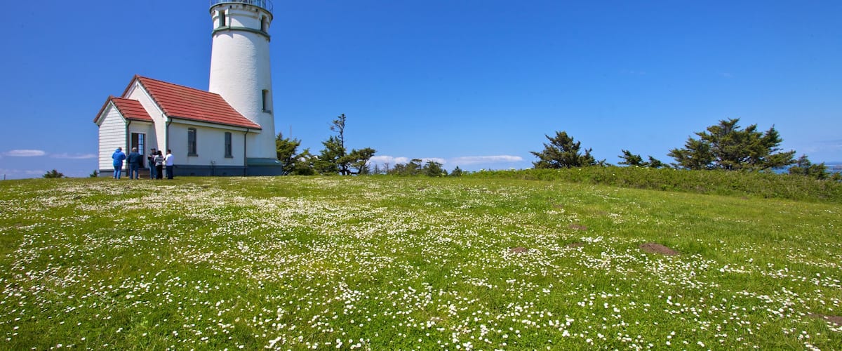 Costa de Oregón ofreciendo un faro y escenas tranquilas