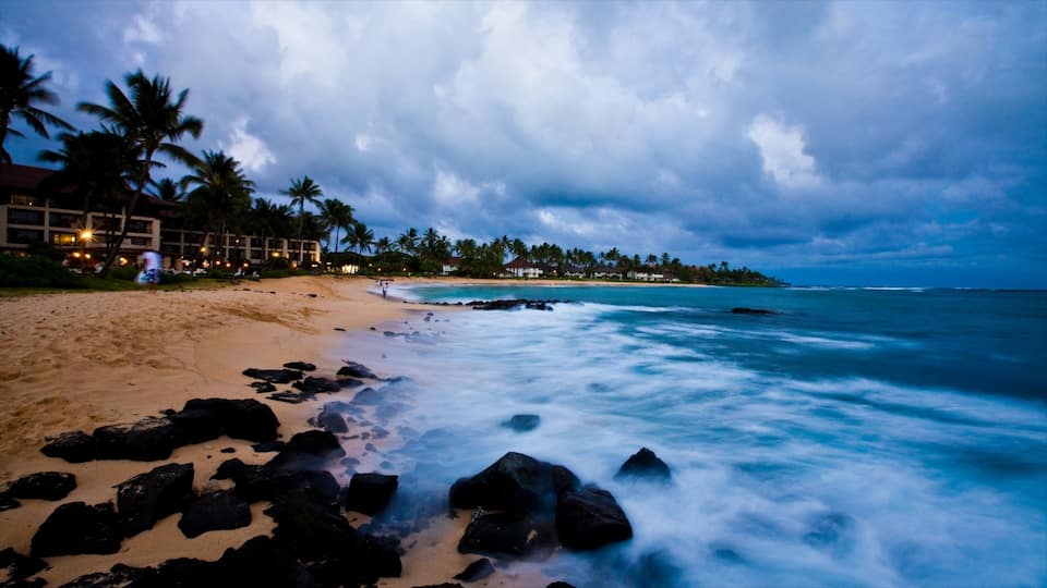 Poipu showing tropical scenes and a beach
