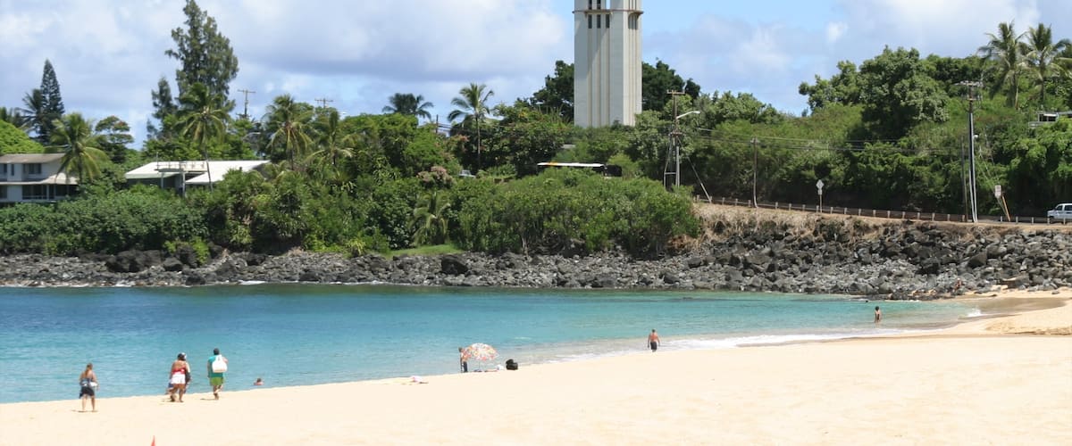 Waimea Bay showing a coastal town, tropical scenes and a beach