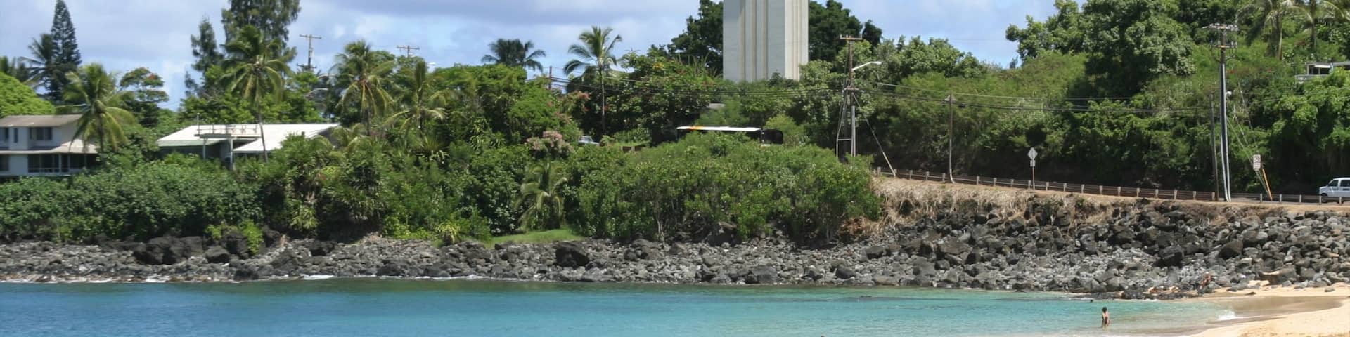 Waimea Bay which includes a sandy beach, tropical scenes and landscape views