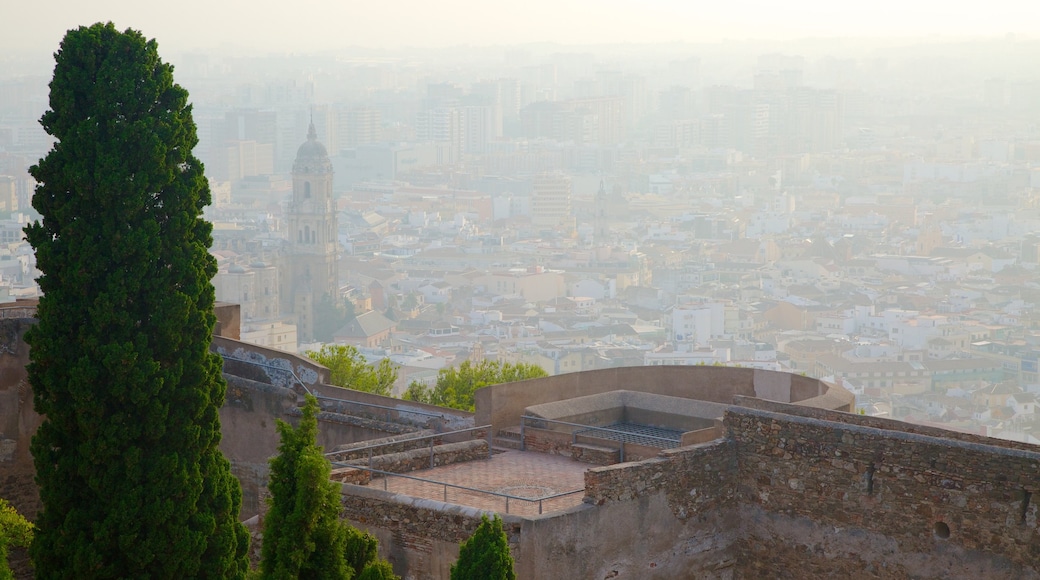 Castillo de Gibralfaro que incluye niebla o neblina y una ciudad