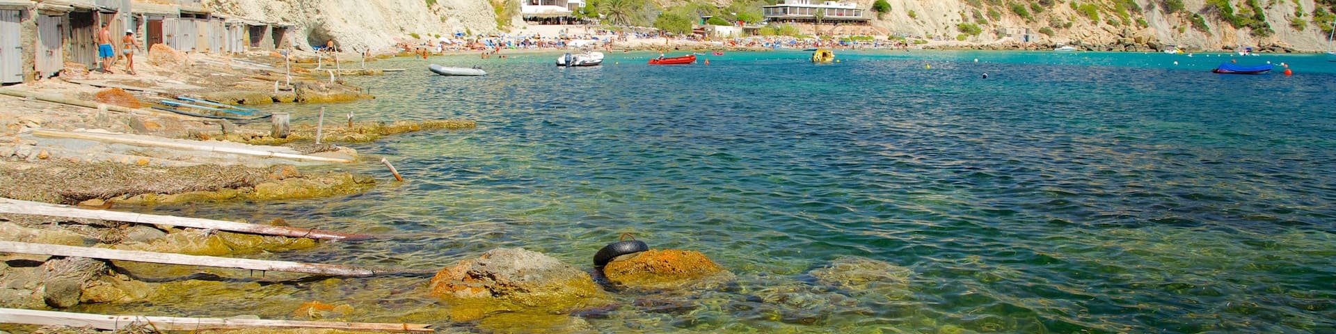 Playa de Cala d\'Hort que incluye paseos en lancha, costa escarpada y vistas de paisajes