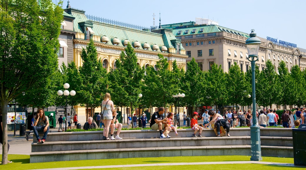 Kungsträdgården som inkluderar en park såväl som en stor grupp av människor