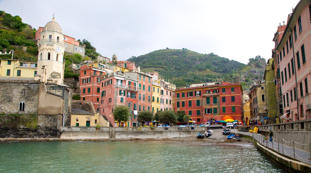 Vernazza som viser bukt eller havn og historisk arkitektur